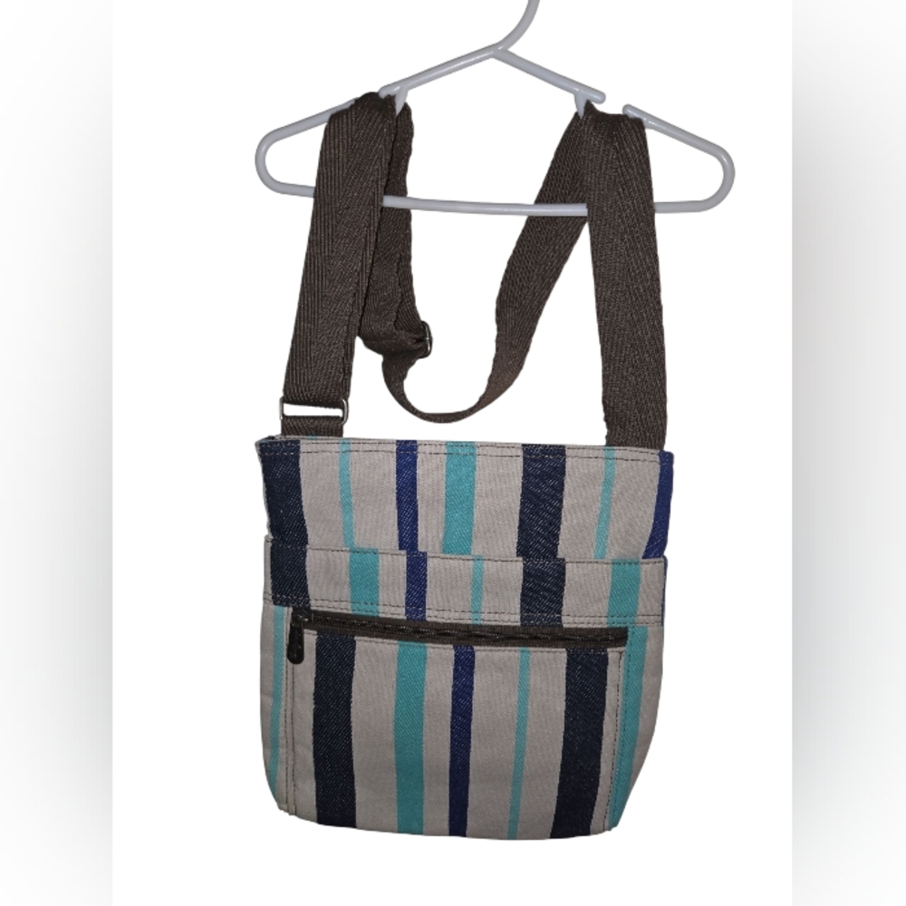 Thirty One Organizing Crossbody Tote In Blue Twill Stripe Adjustable And Pockets - Picture 17 of 17